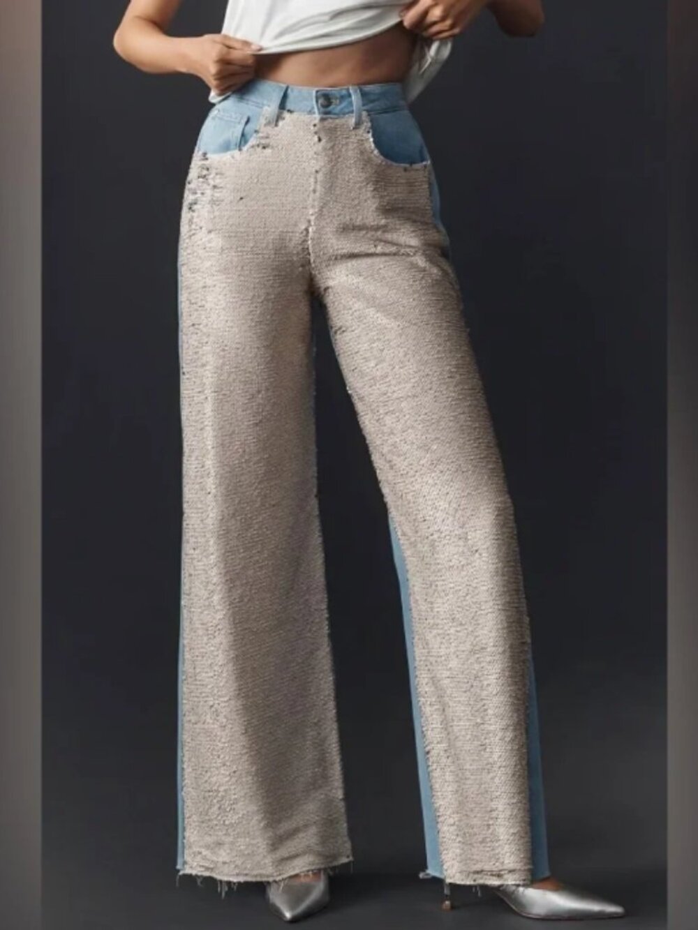 PILCRO Anthropologie Champagne Sequin Front Wide Leg High Rise Jeans 30